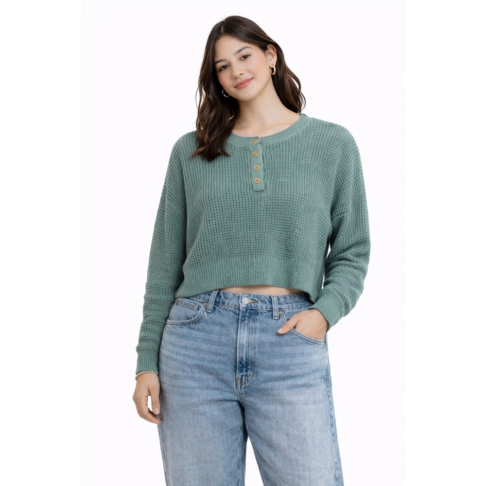 Aeropostale Henley Sweater Womens M Green Waffle Knit Cropped Long Sleeve Boho